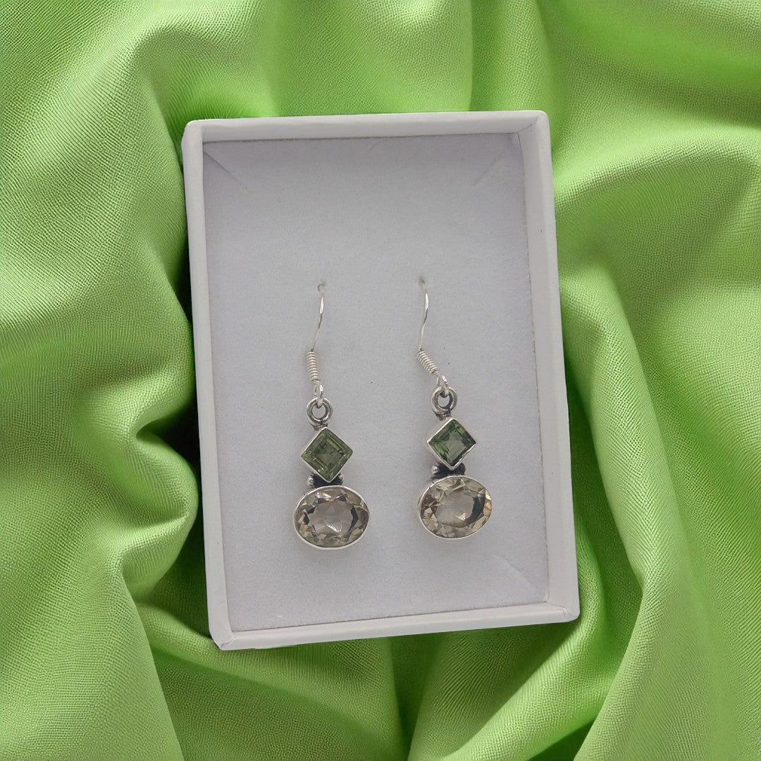 Sterling Silver Peridot & Citrine Multi Stone Drop Earrings 1.3"