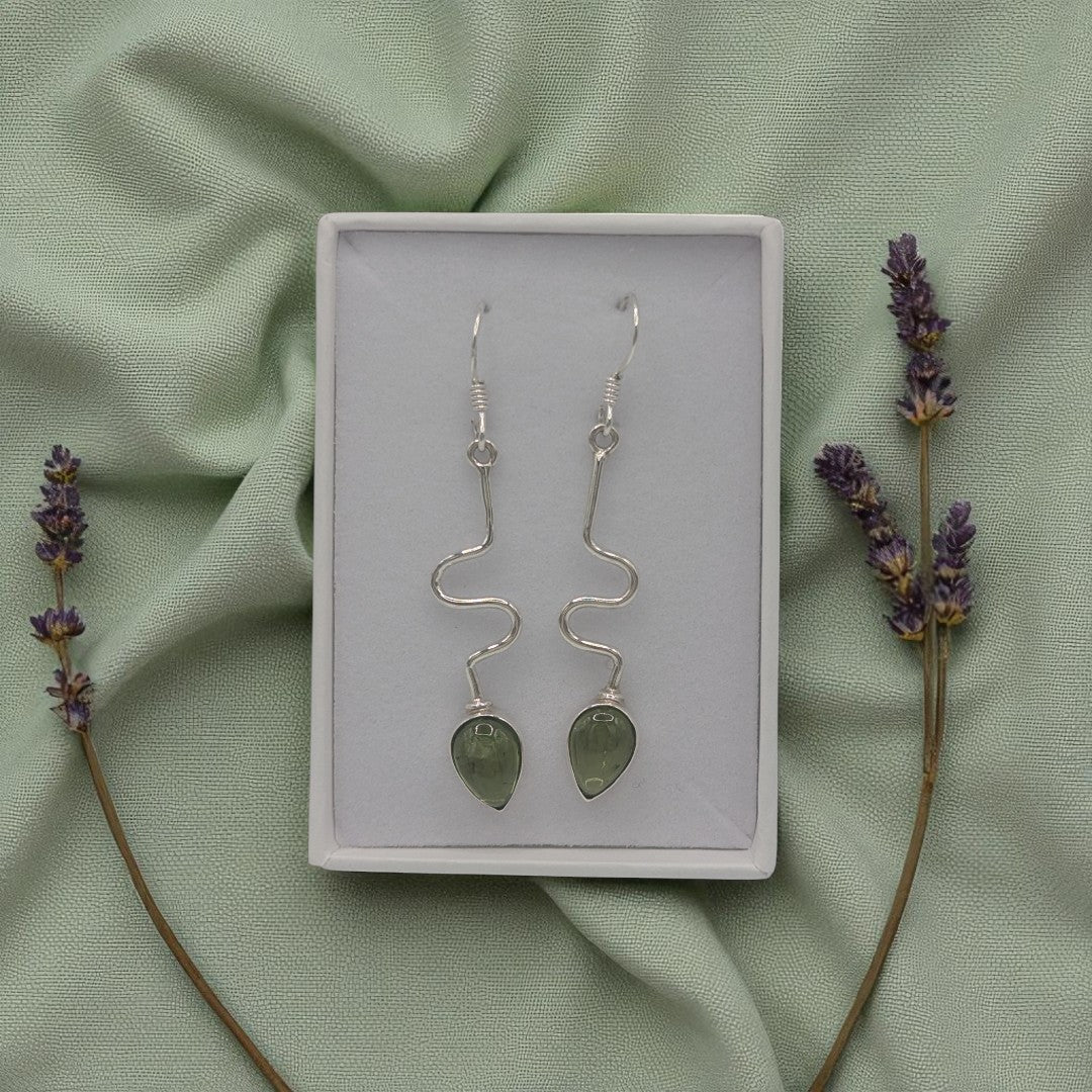 Sterling Silver Peridot Wavy Post Drop Earrings 1.9"