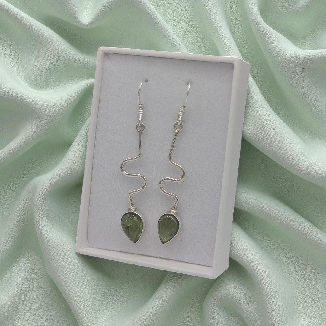 Sterling Silver Peridot Wavy Post Drop Earrings 1.9"