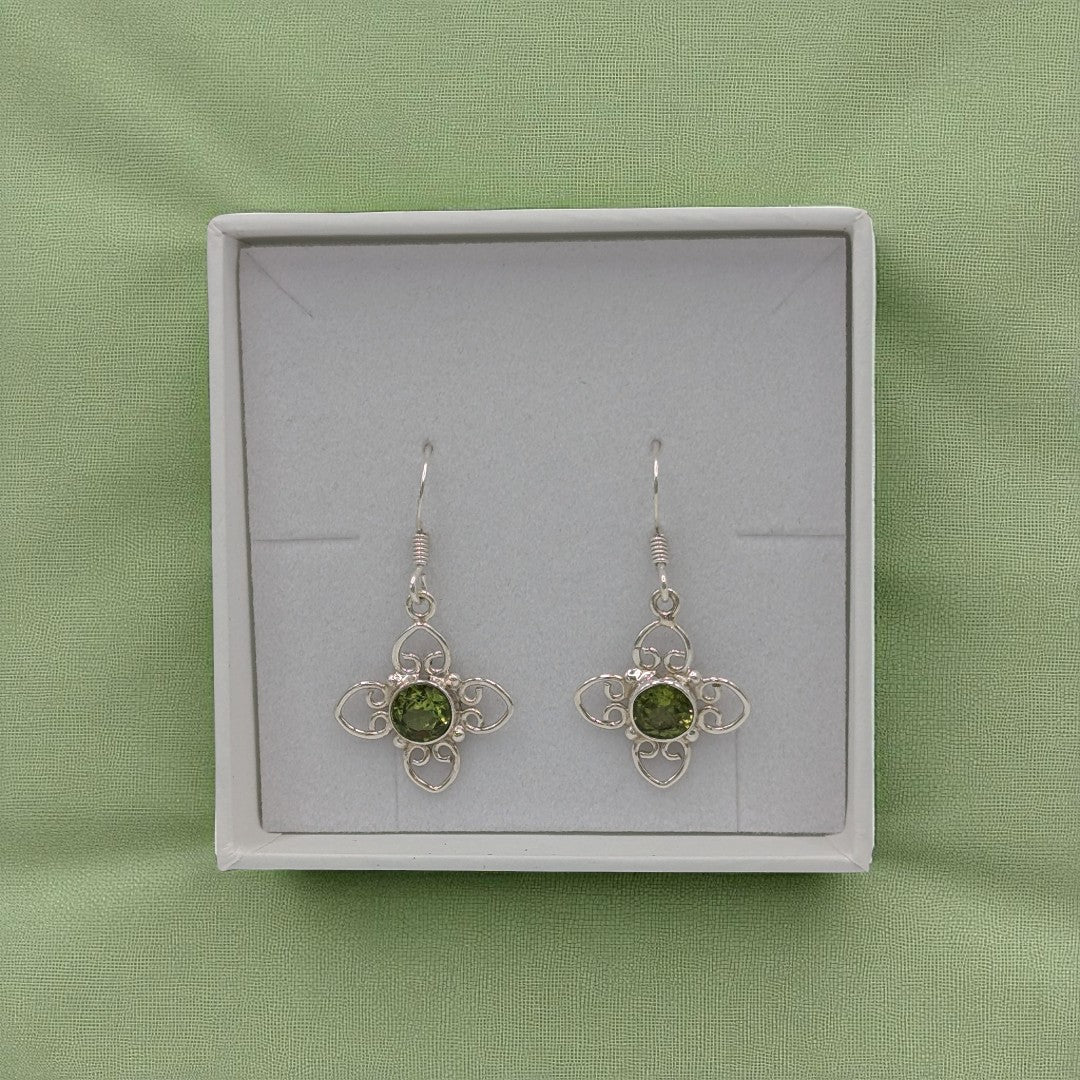 Sterling Silver Peridot Four Leaf Flower Style Drop Earrings 1.3"