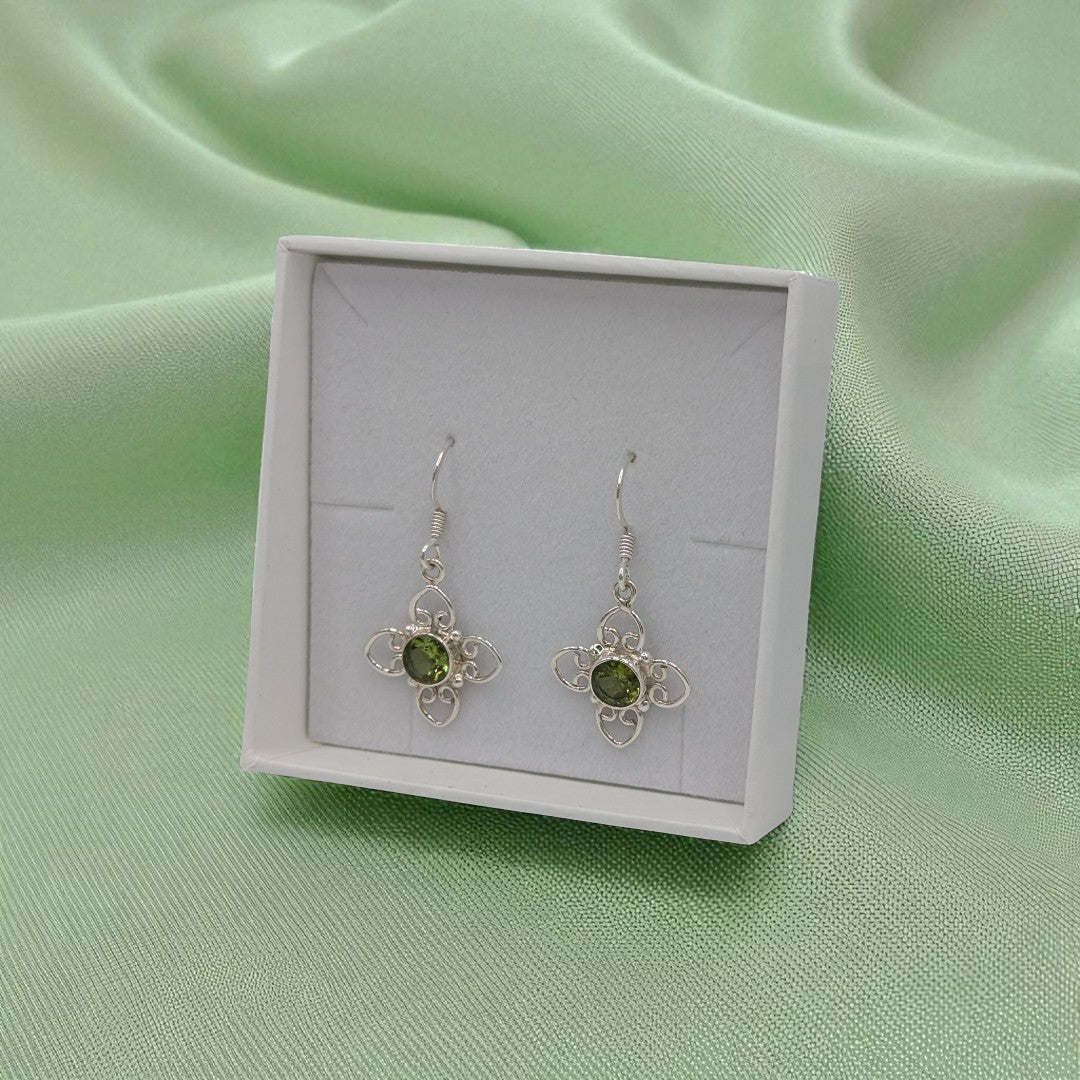 Sterling Silver Peridot Four Leaf Flower Style Drop Earrings 1.3"