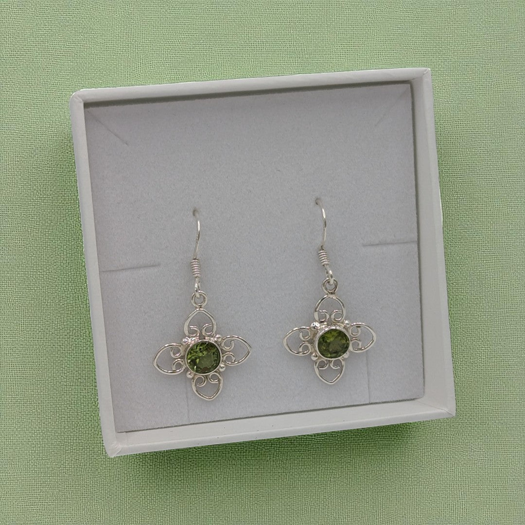 Sterling Silver Peridot Four Leaf Flower Style Drop Earrings 1.3"