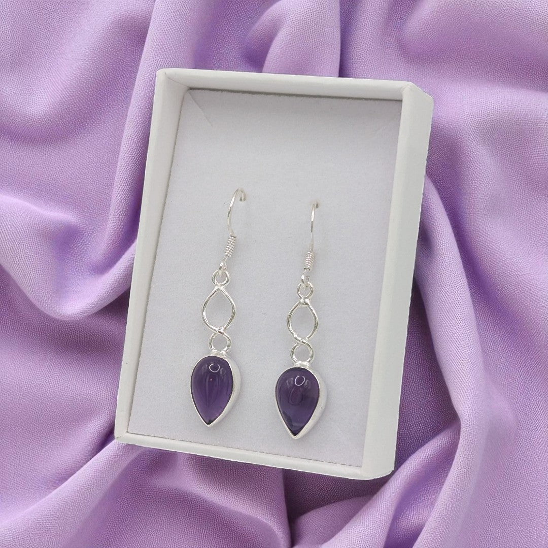 Sterling Silver Amethyst Love Spoon Design Drop Earrings 1.6"