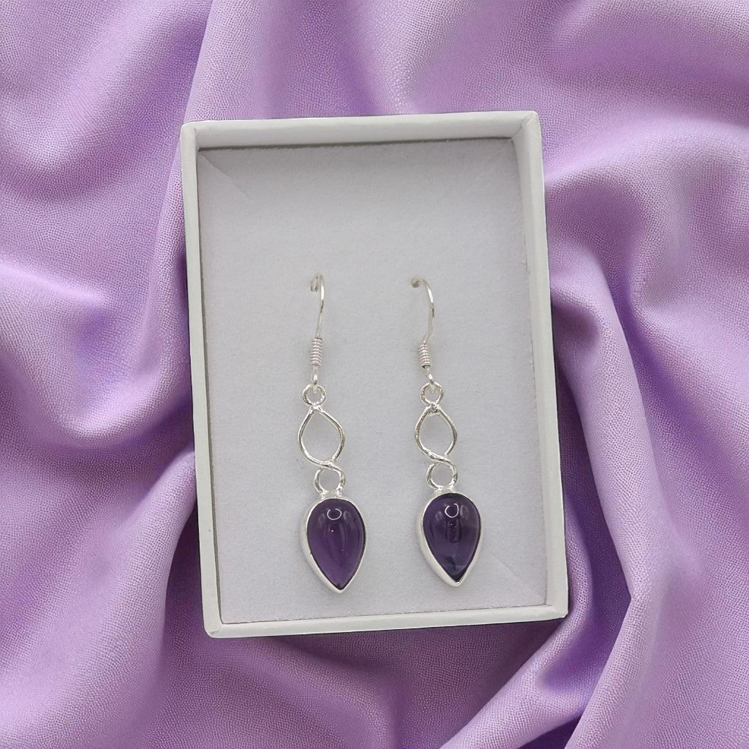 Sterling Silver Amethyst Love Spoon Design Drop Earrings 1.6"