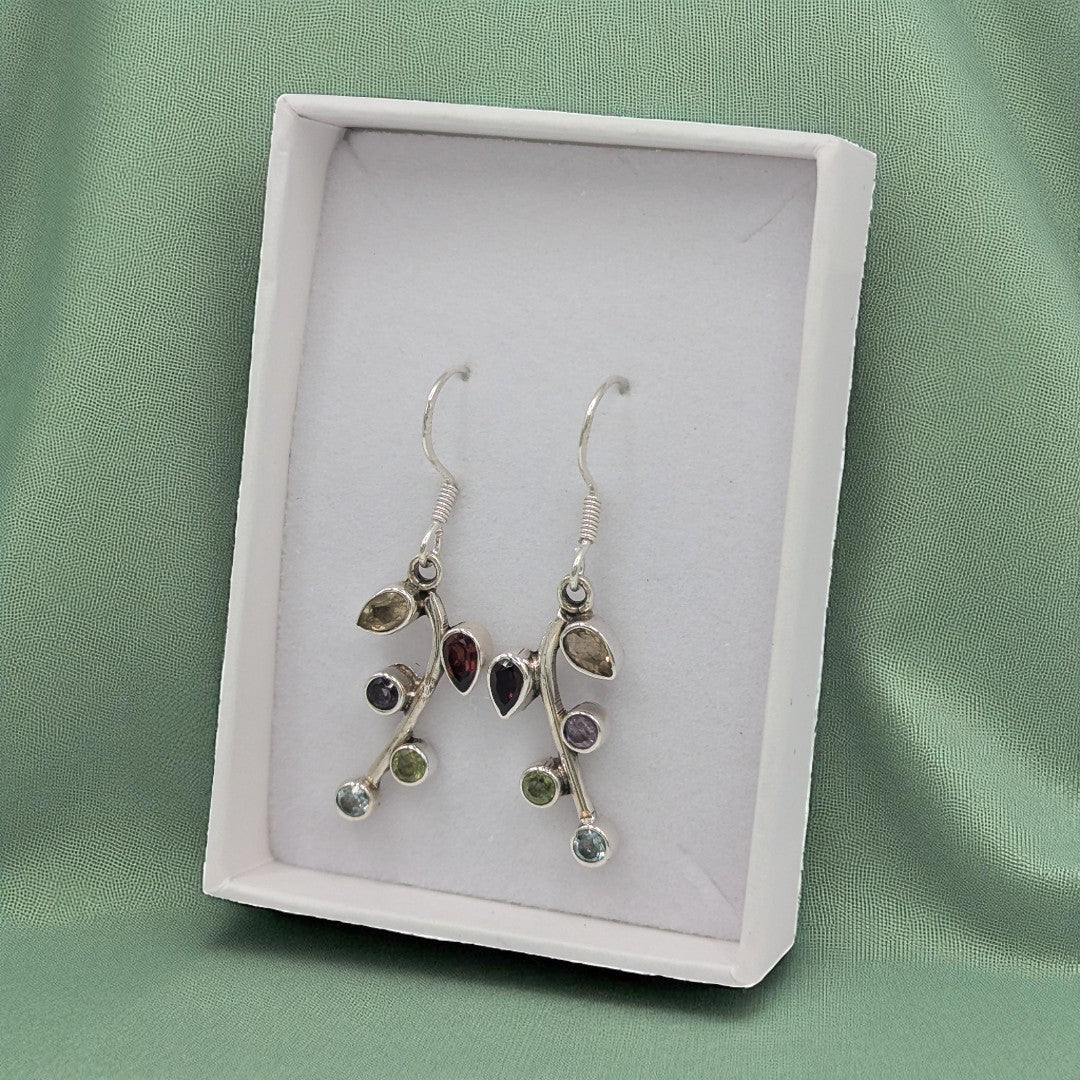 Sterling Silver Multi Stone Leaf Style Drop Earrings 1.5"