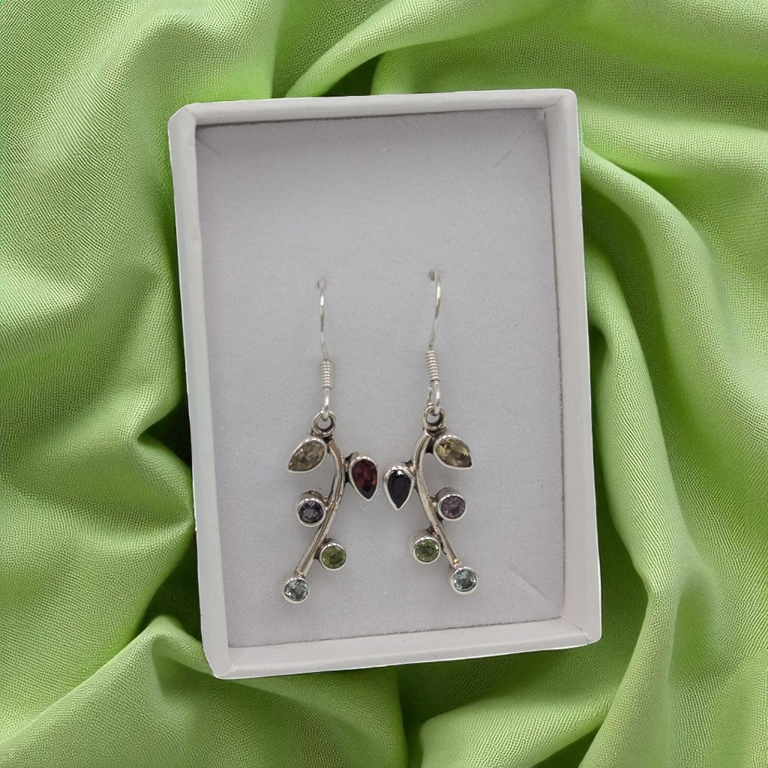 Sterling Silver Multi Stone Leaf Style Drop Earrings 1.5"