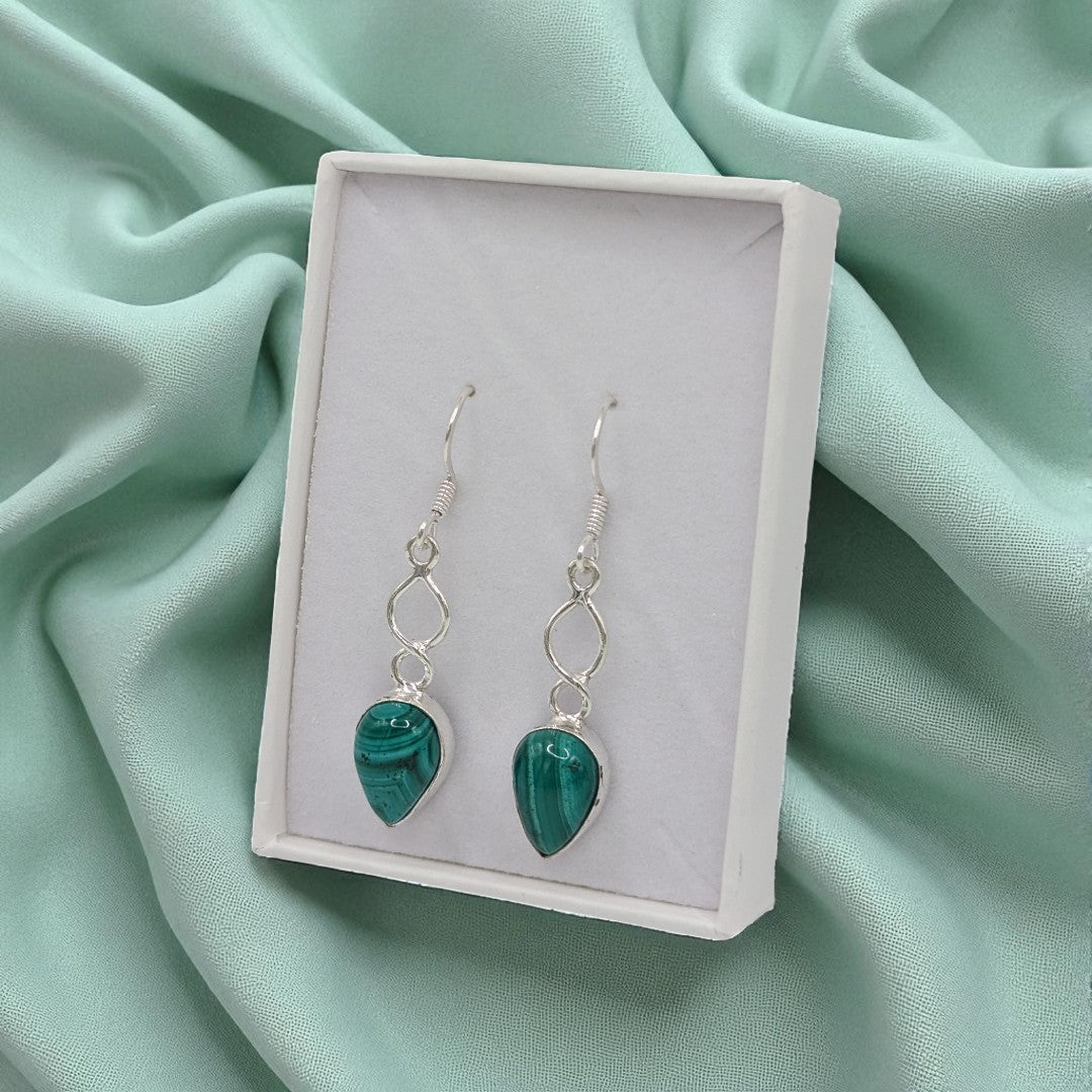 Sterling Silver Malachite Love Spoon Design Drop Earrings 1.6"