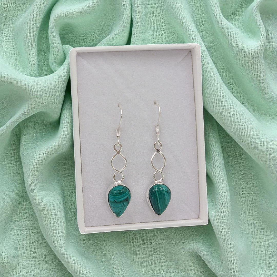 Sterling Silver Malachite Love Spoon Design Drop Earrings 1.6"