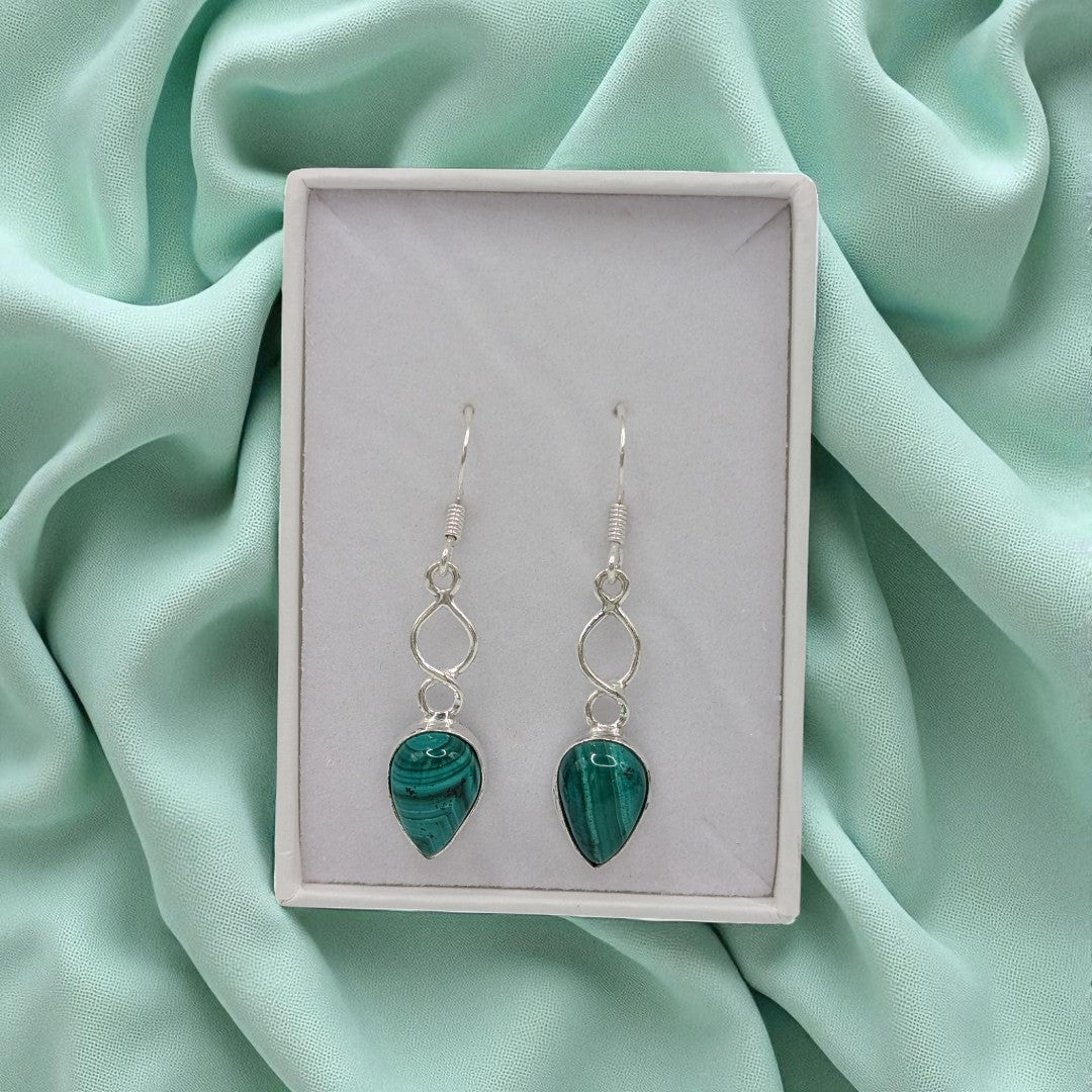 Sterling Silver Malachite Love Spoon Design Drop Earrings 1.6"