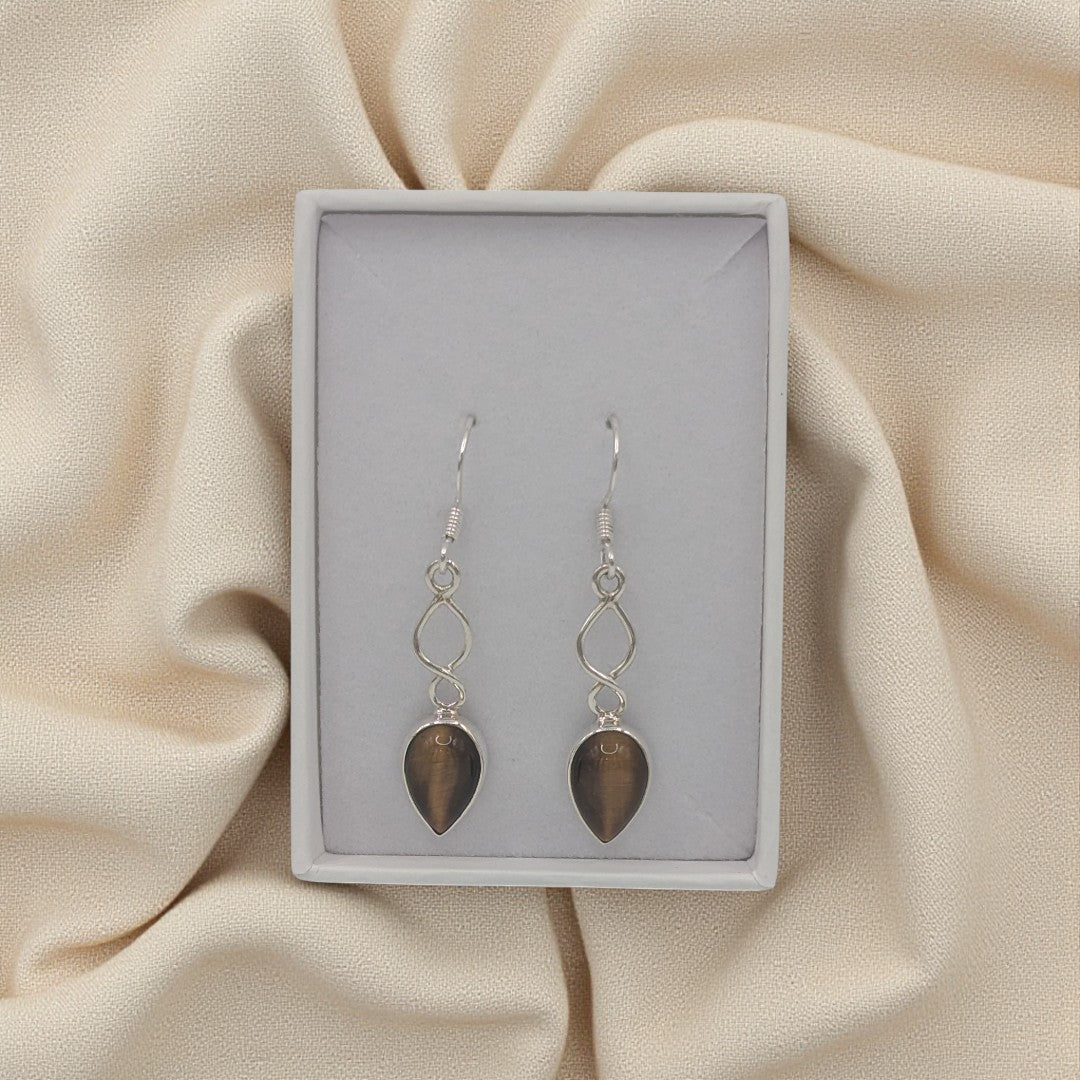 Sterling Silver Tigers Eye Love Spoon Design Drop Earrings 1.6"