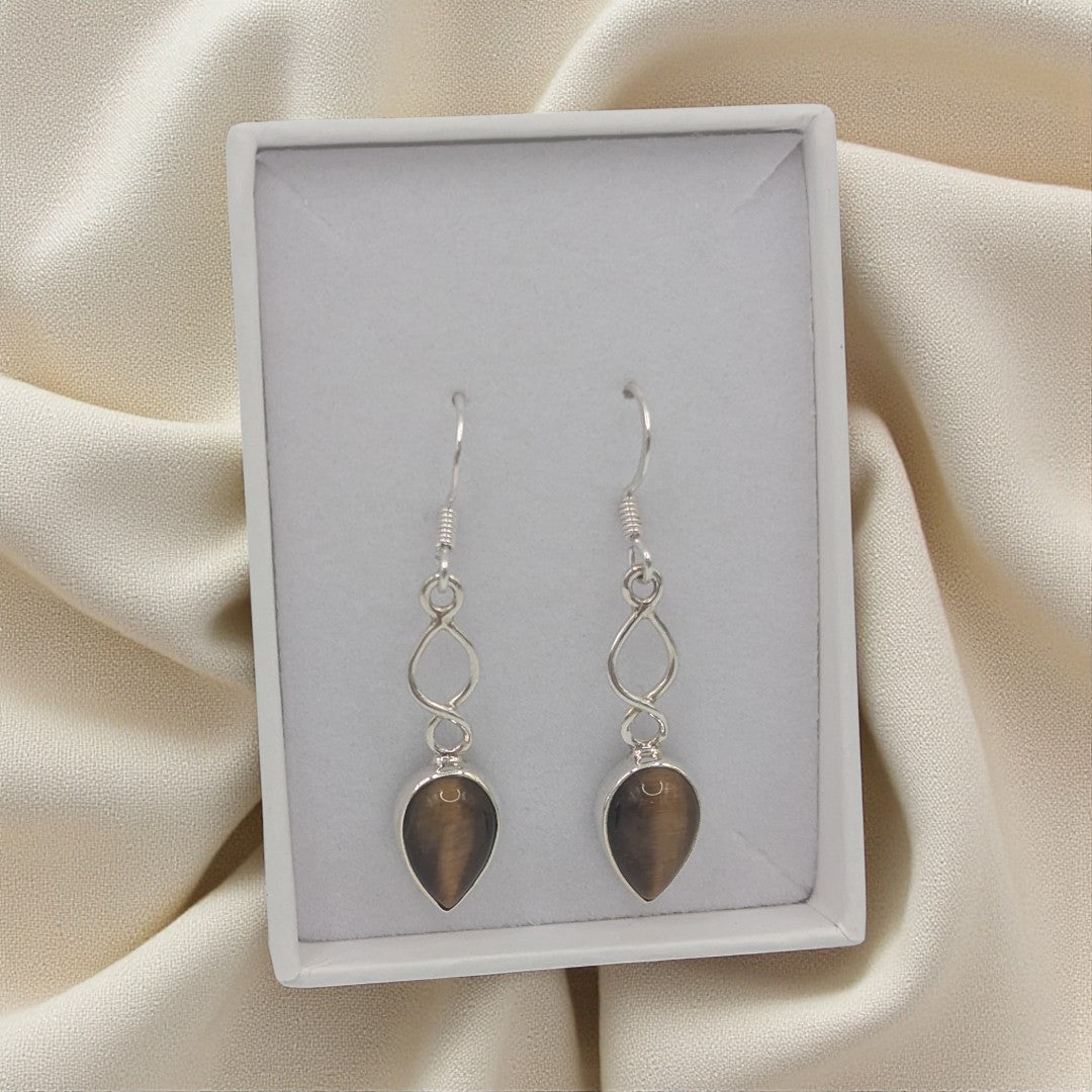Sterling Silver Tigers Eye Love Spoon Design Drop Earrings 1.6"
