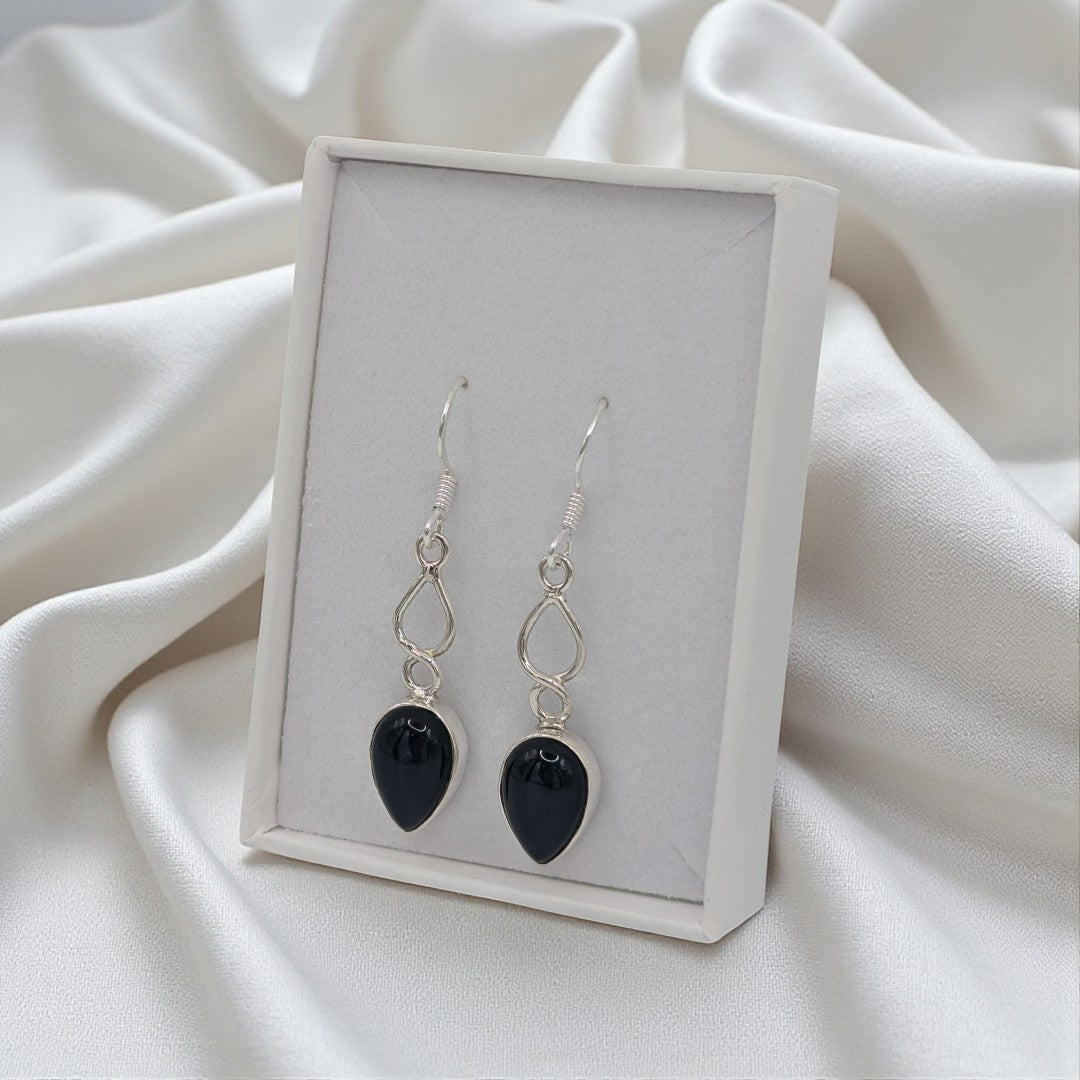 Sterling Silver Black Onyx Love Spoon Design Drop Earrings 1.6"