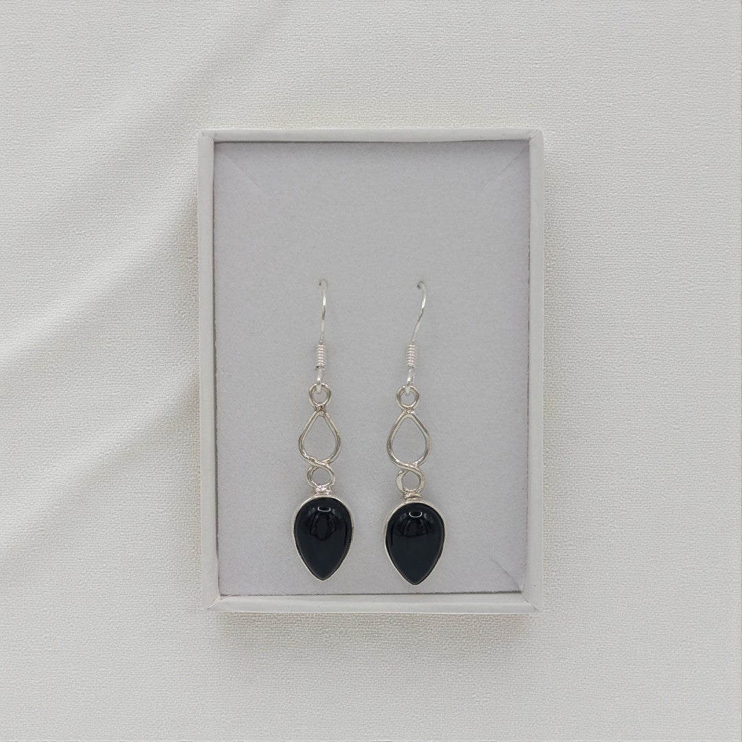 Sterling Silver Black Onyx Love Spoon Design Drop Earrings 1.6"