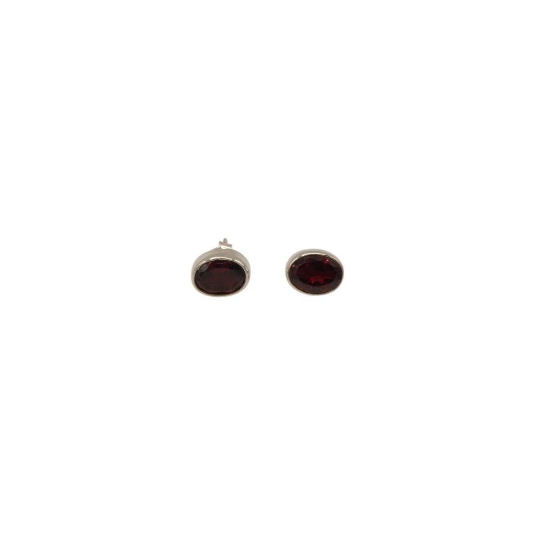 Sterling Silver Garnet Oval Stud Earrings 0.4"
