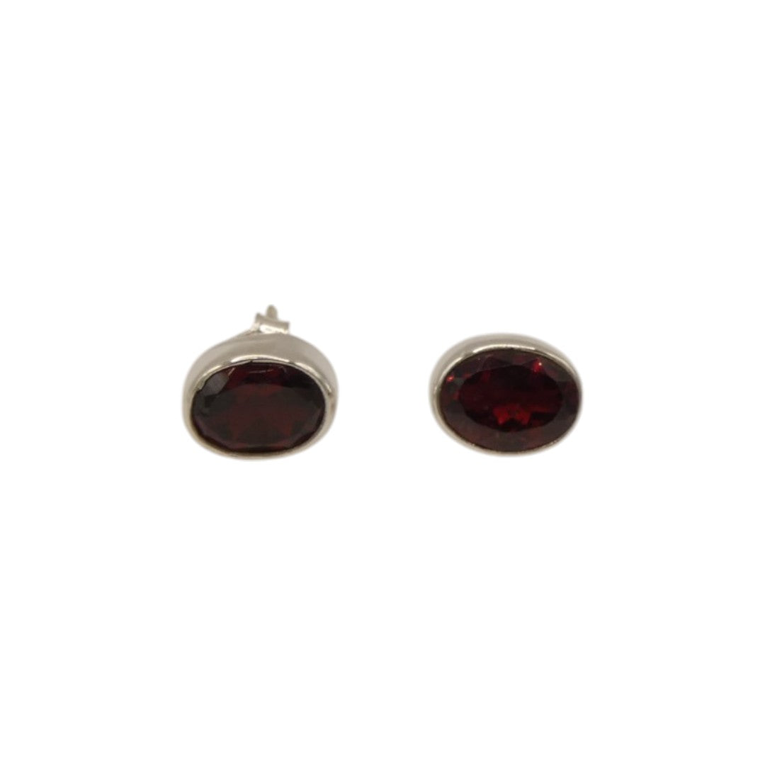 Sterling Silver Garnet Oval Stud Earrings 0.4"