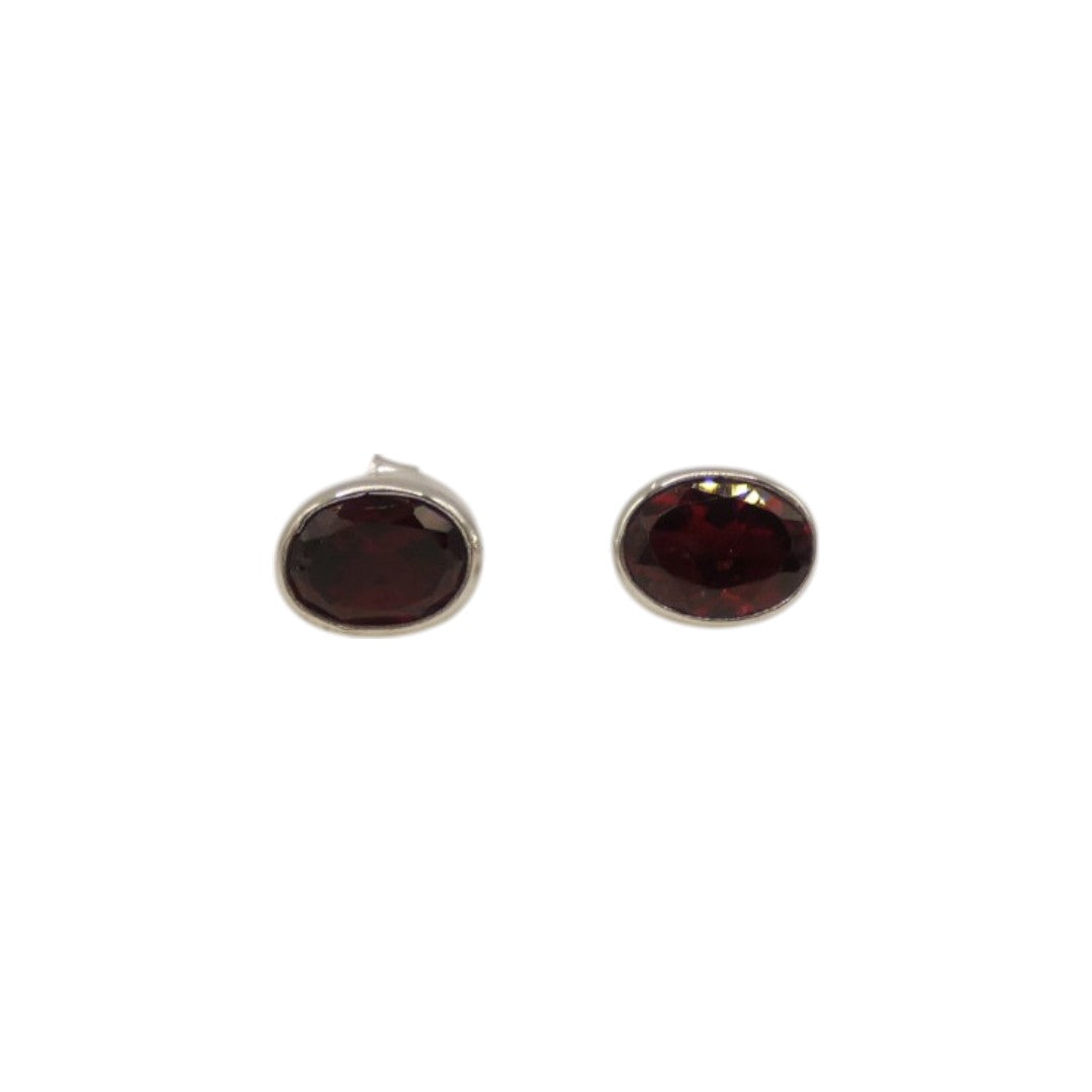 Sterling Silver Garnet Oval Stud Earrings 0.4"