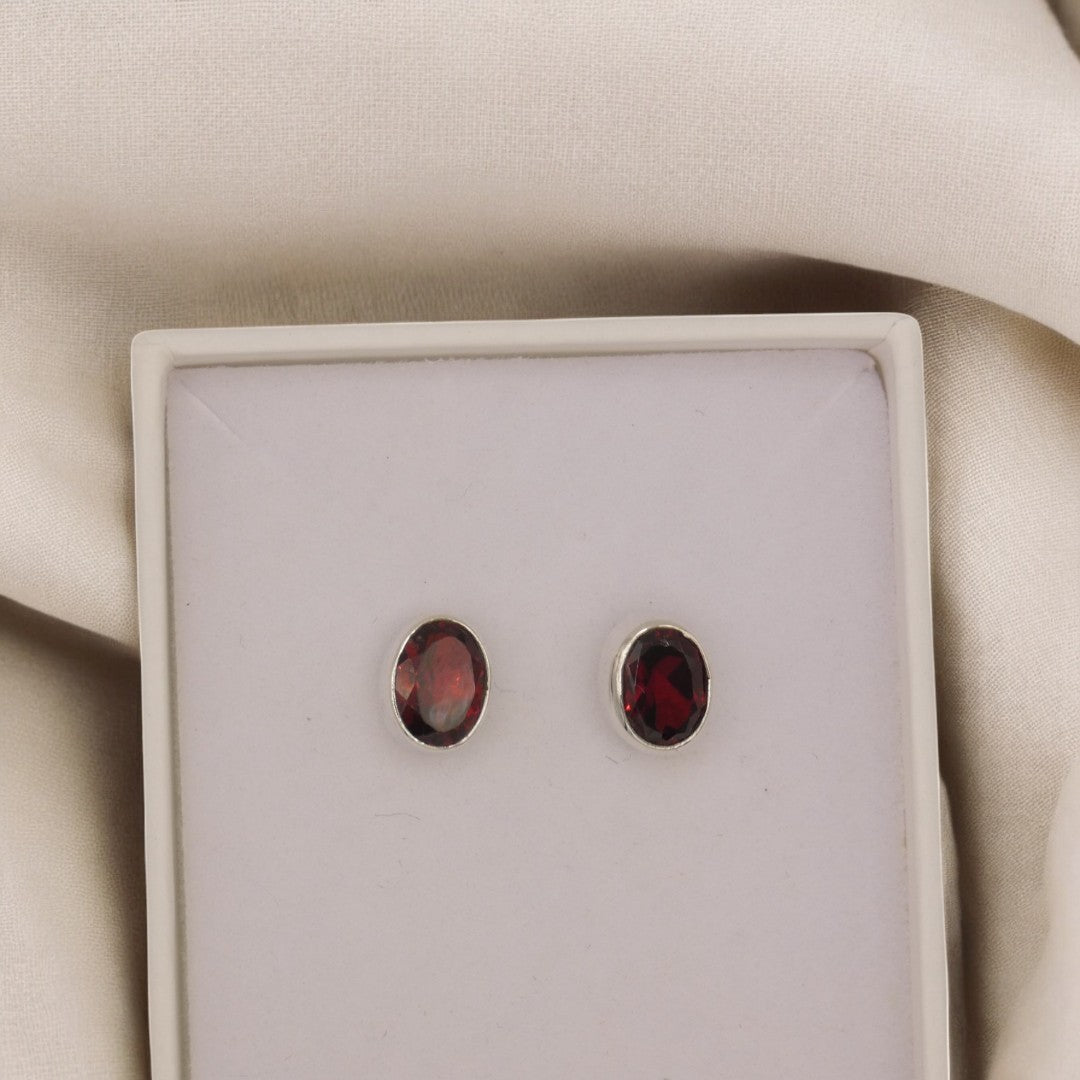 Sterling Silver Garnet Oval Stud Earrings 0.4"