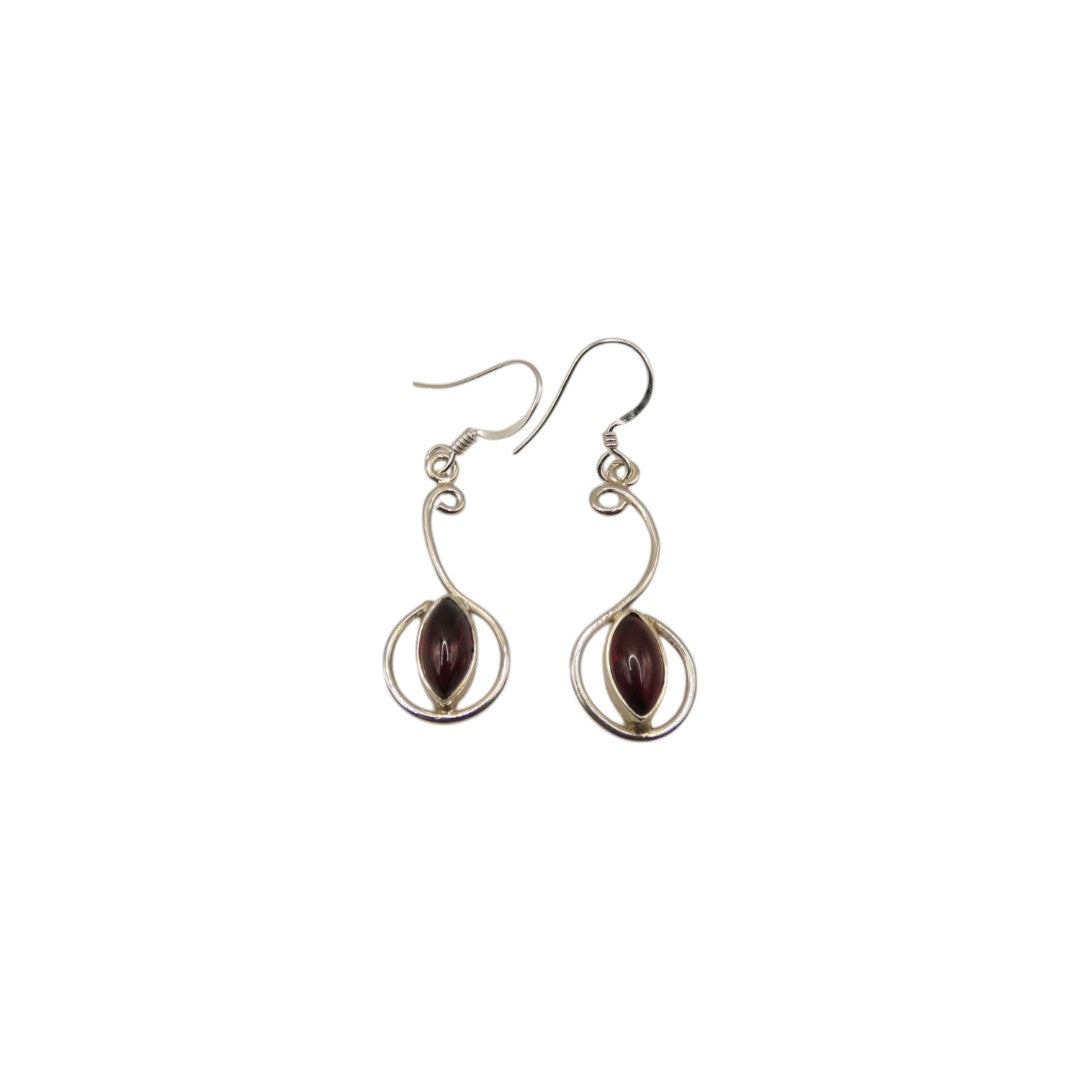 Sterling Silver Garnet Curved Drop Earrings 1.6"