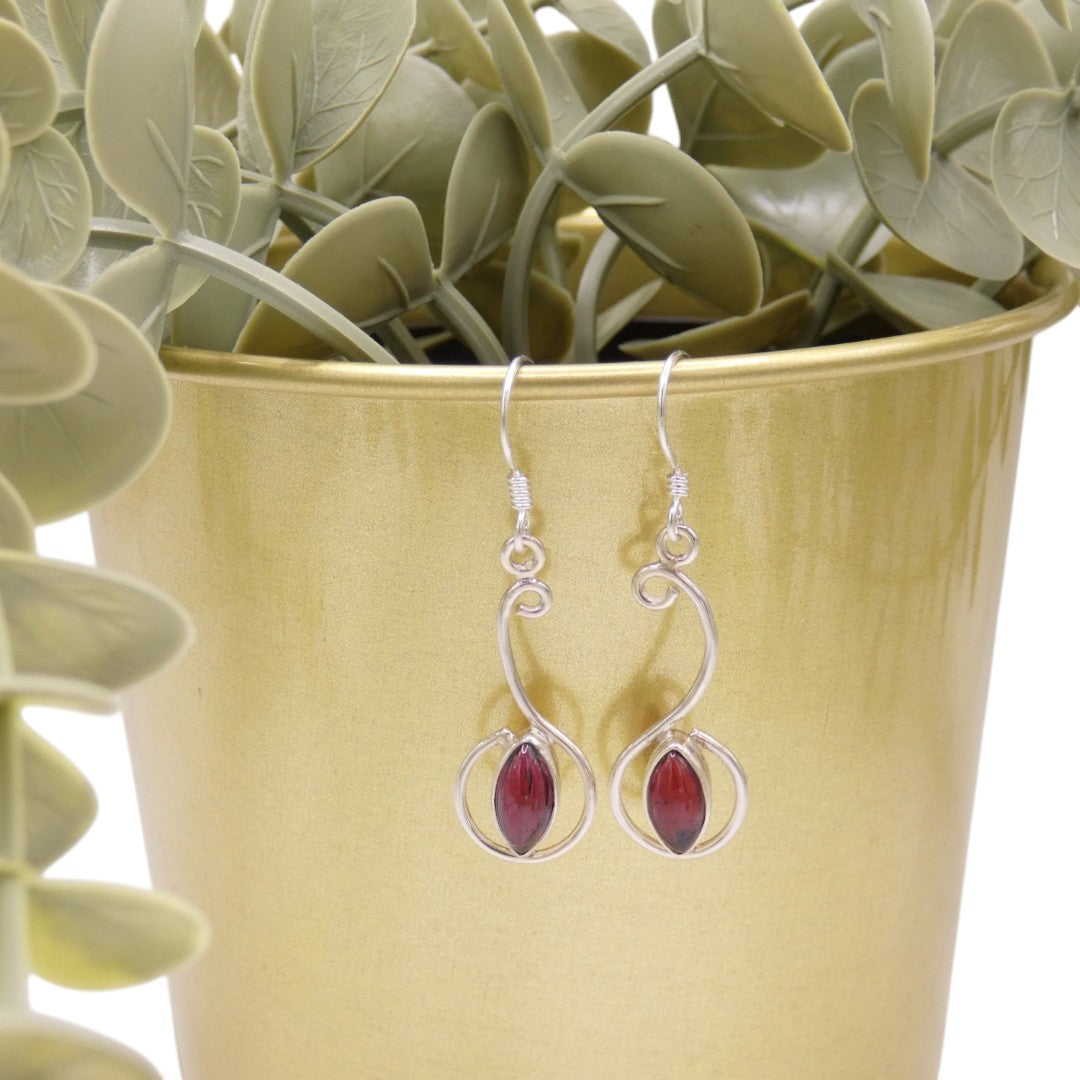 Sterling Silver Garnet Curved Drop Earrings 1.6"