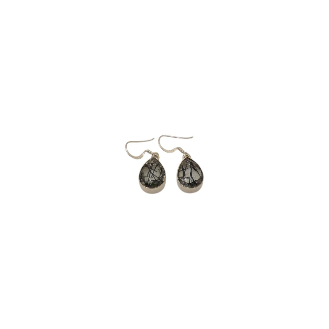 Sterling Silver Black Rutilated Quartz Teardrop Earrings 1.2"