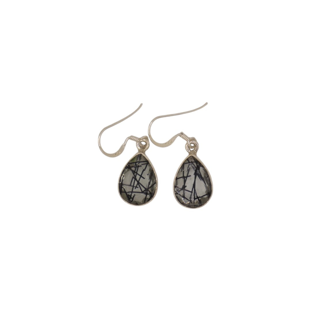 Sterling Silver Black Rutilated Quartz Teardrop Earrings 1.2"