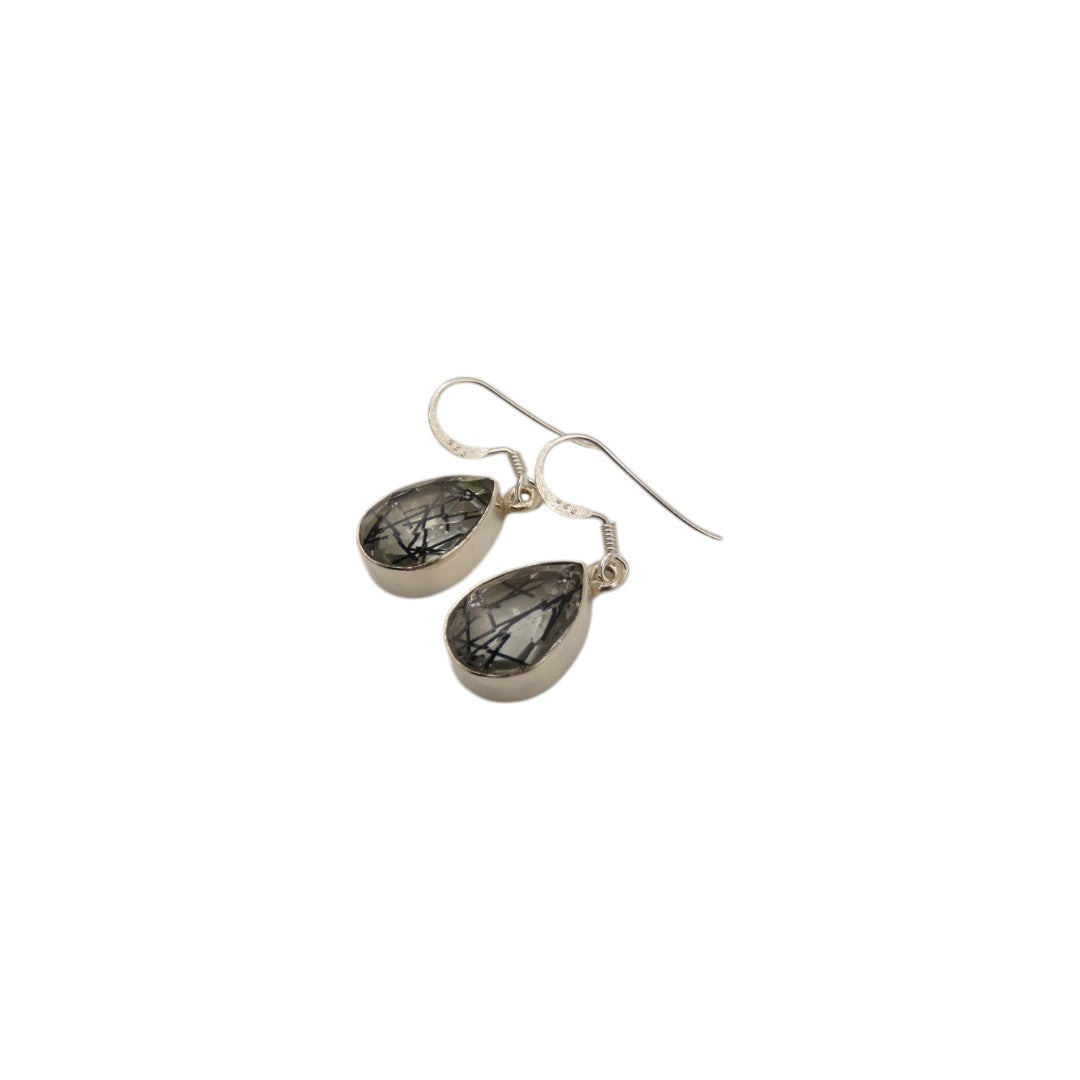 Sterling Silver Black Rutilated Quartz Teardrop Earrings 1.2"