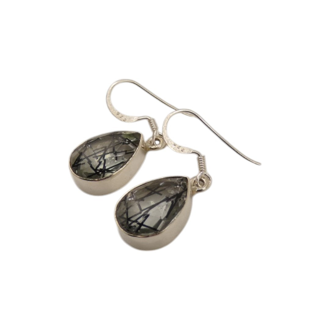 Sterling Silver Black Rutilated Quartz Teardrop Earrings 1.2"