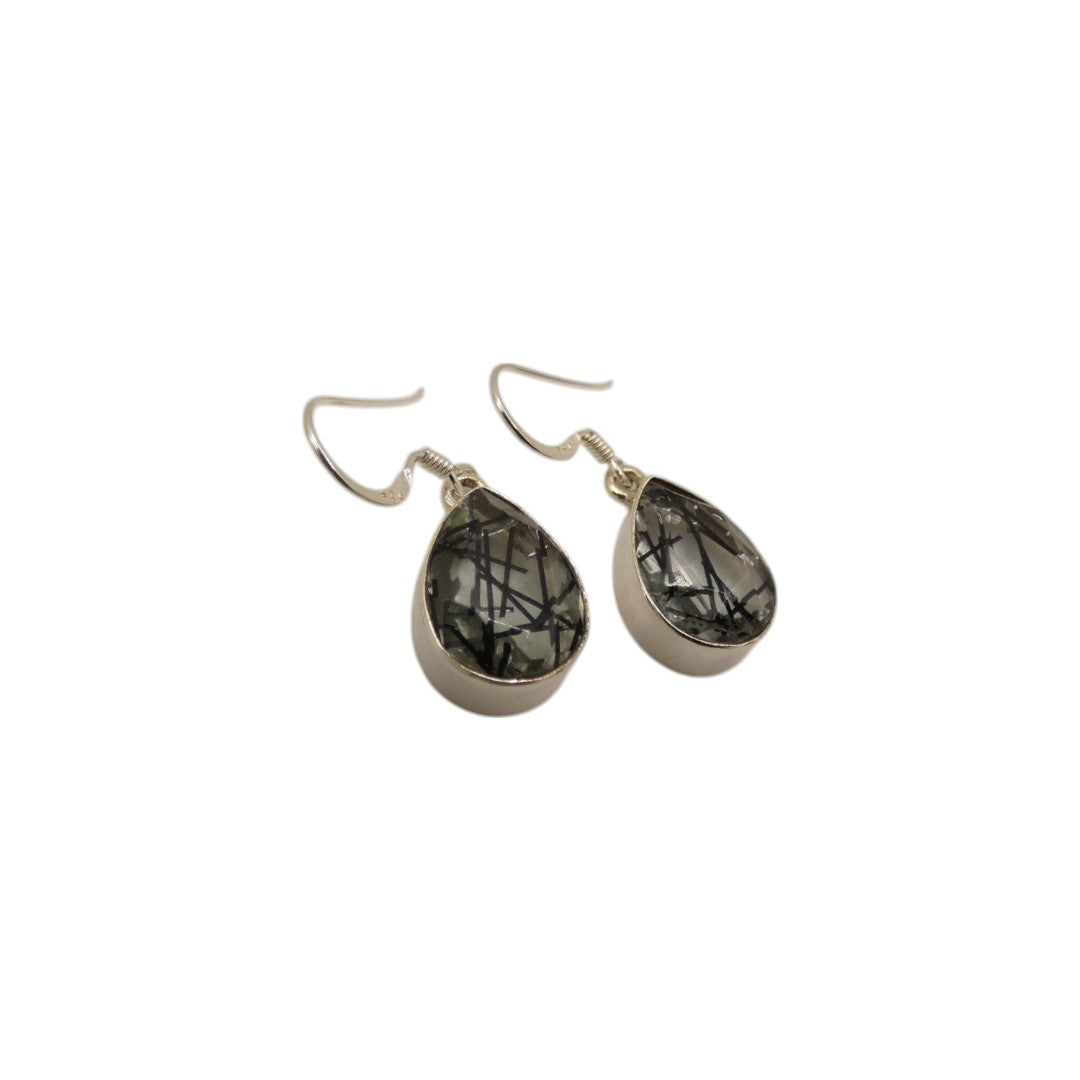 Sterling Silver Black Rutilated Quartz Teardrop Earrings 1.2"