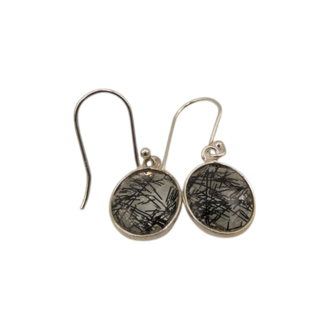Sterling Silver Black Rutilated Quartz Oval Drop Earrings 1.25"