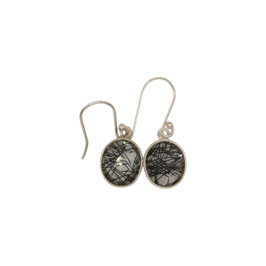 Sterling Silver Black Rutilated Quartz Oval Drop Earrings 1.25"