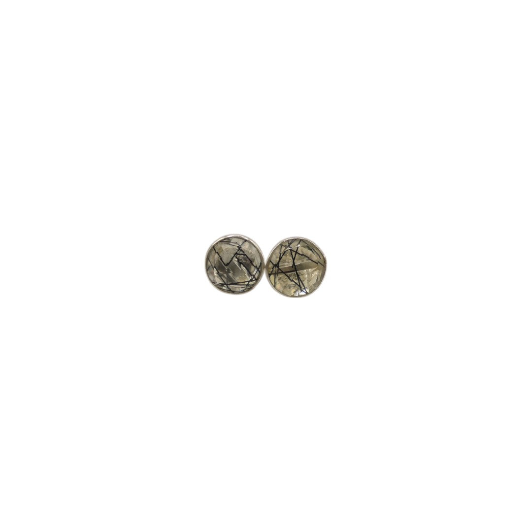 Sterling Silver Black Rutilated Quartz Round Stud Earrings 0.3"