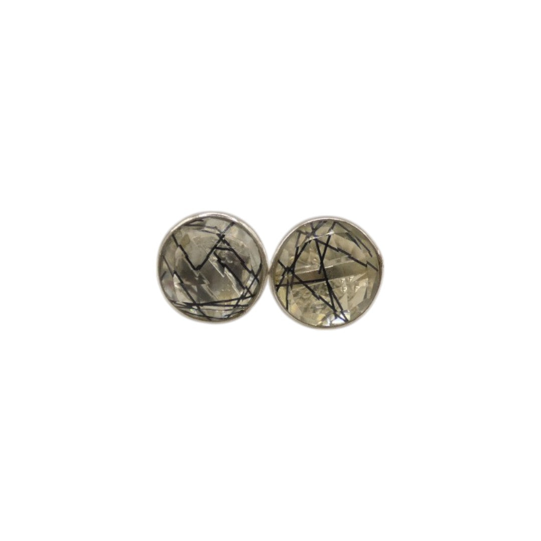 Sterling Silver Black Rutilated Quartz Round Stud Earrings 0.3"