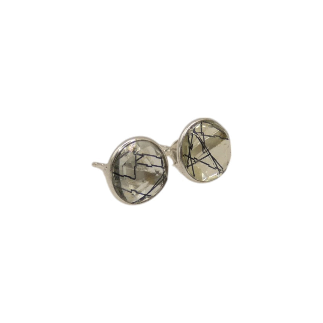 Sterling Silver Black Rutilated Quartz Round Stud Earrings 0.3"