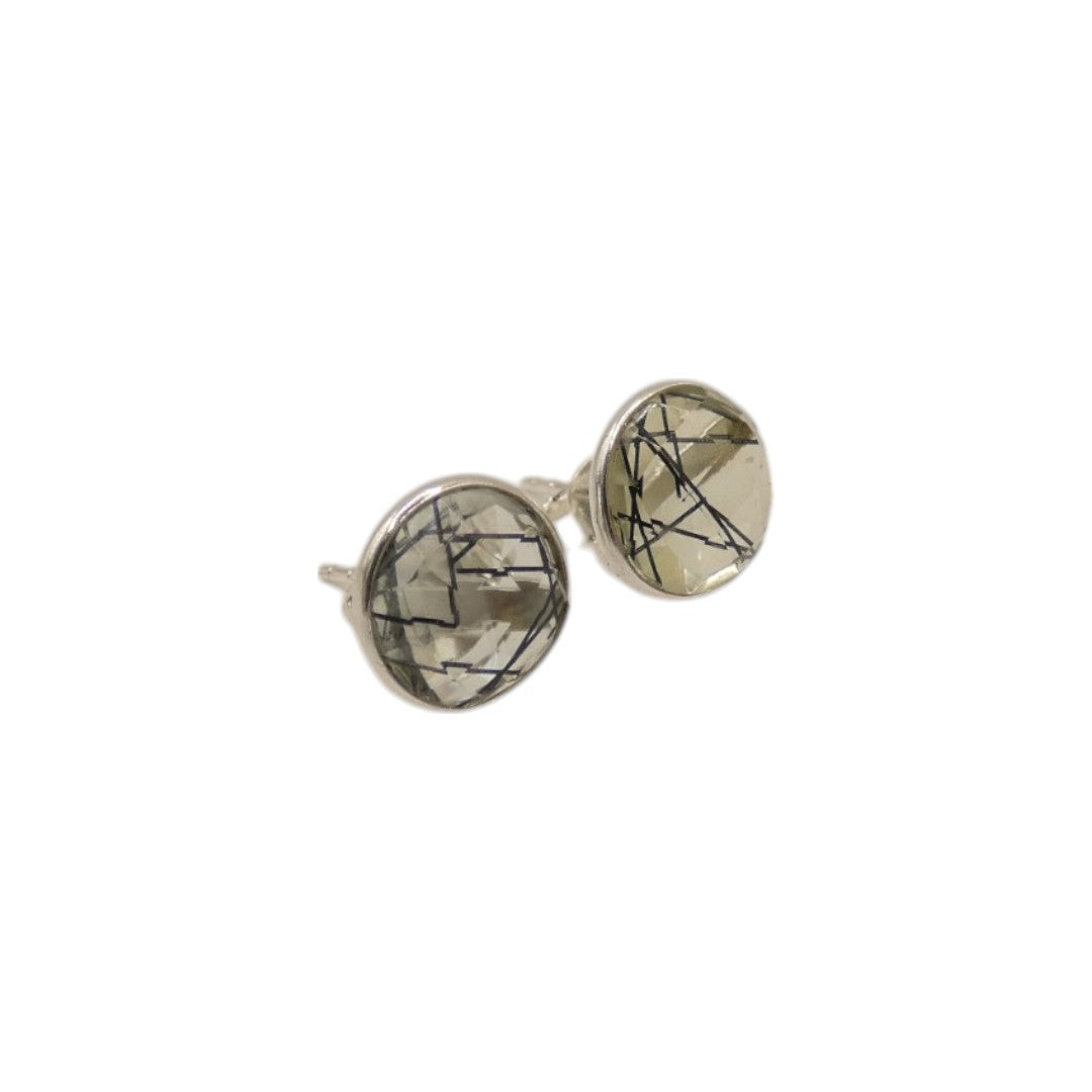 Sterling Silver Black Rutilated Quartz Round Stud Earrings 0.3"
