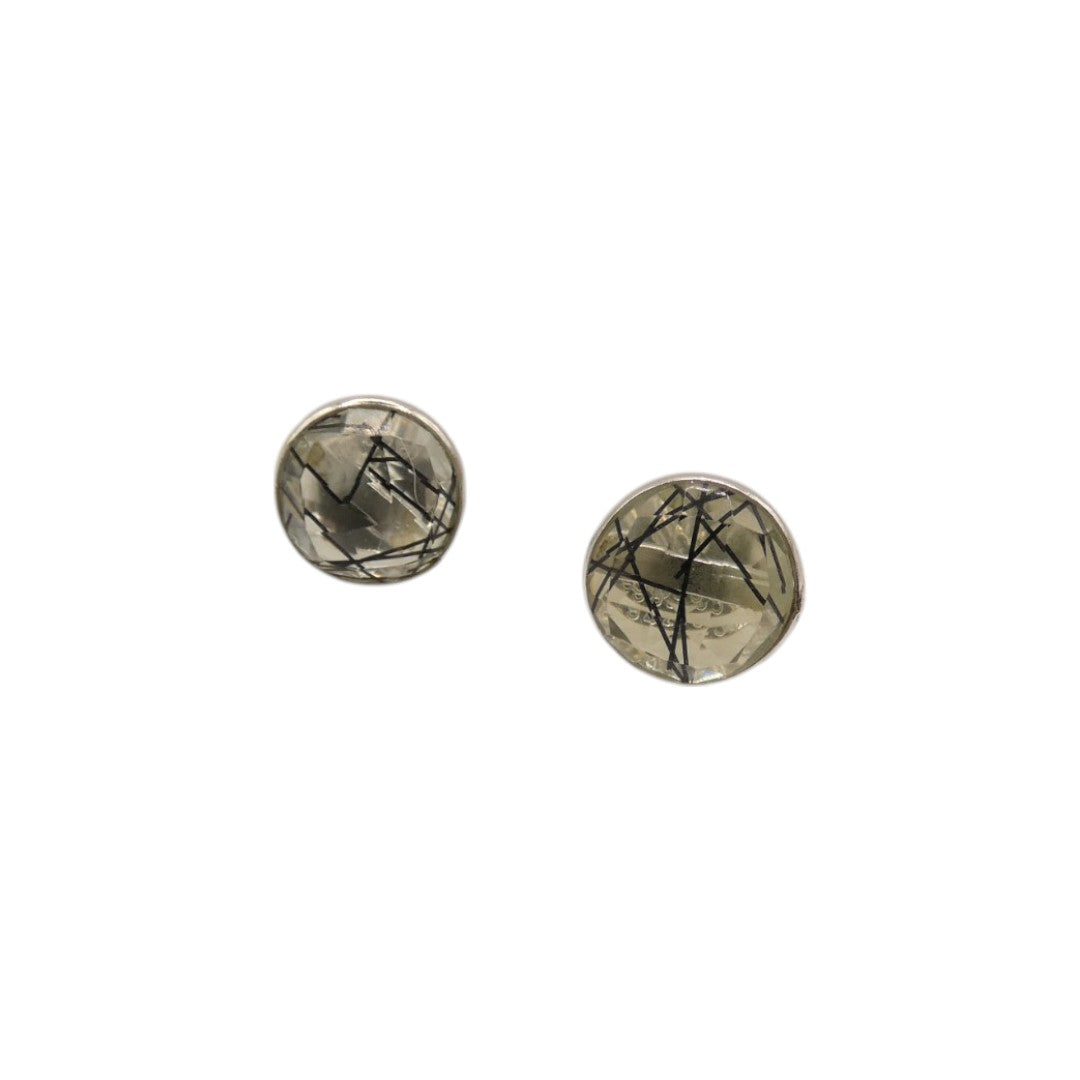 Sterling Silver Black Rutilated Quartz Round Stud Earrings 0.3"