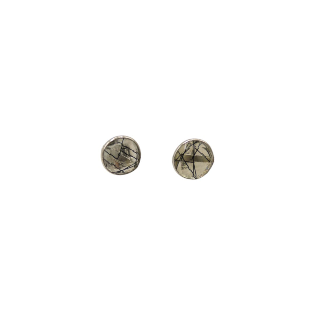 Sterling Silver Black Rutilated Quartz Round Stud Earrings 0.3"