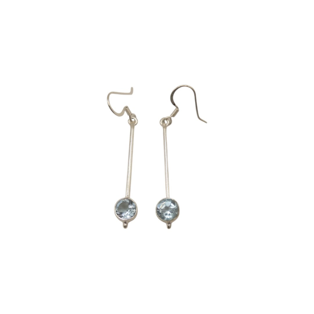 Sterling Silver Blue Topaz Straight Drop Earrings With Round Stone 2"