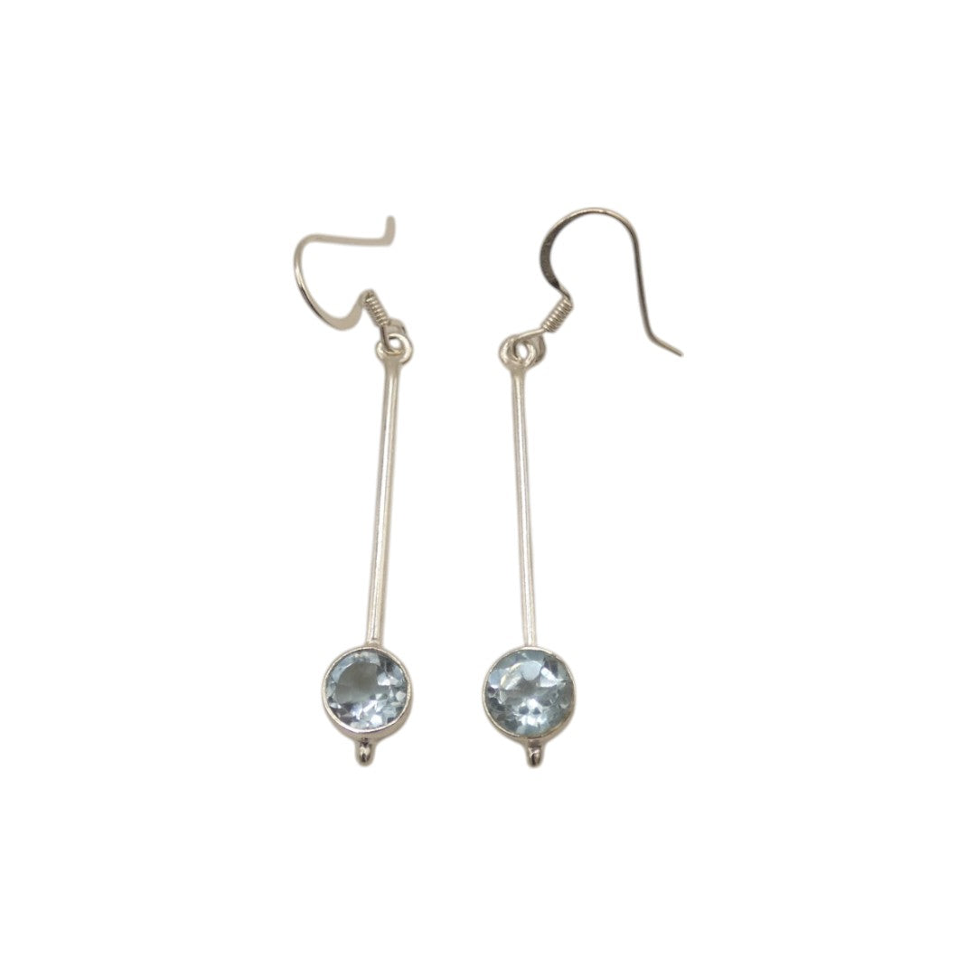 Sterling Silver Blue Topaz Straight Drop Earrings With Round Stone 2"