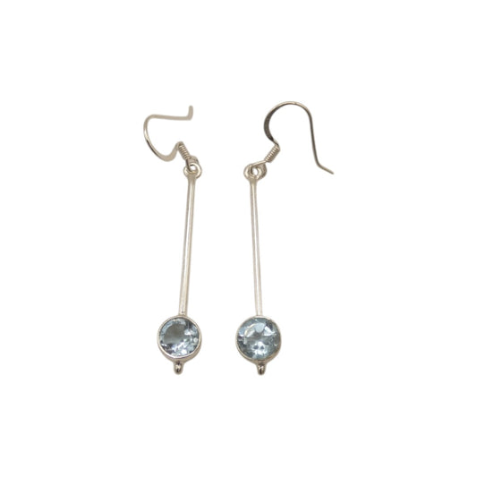 Sterling Silver Blue Topaz Straight Drop Earrings With Round Stone 2"