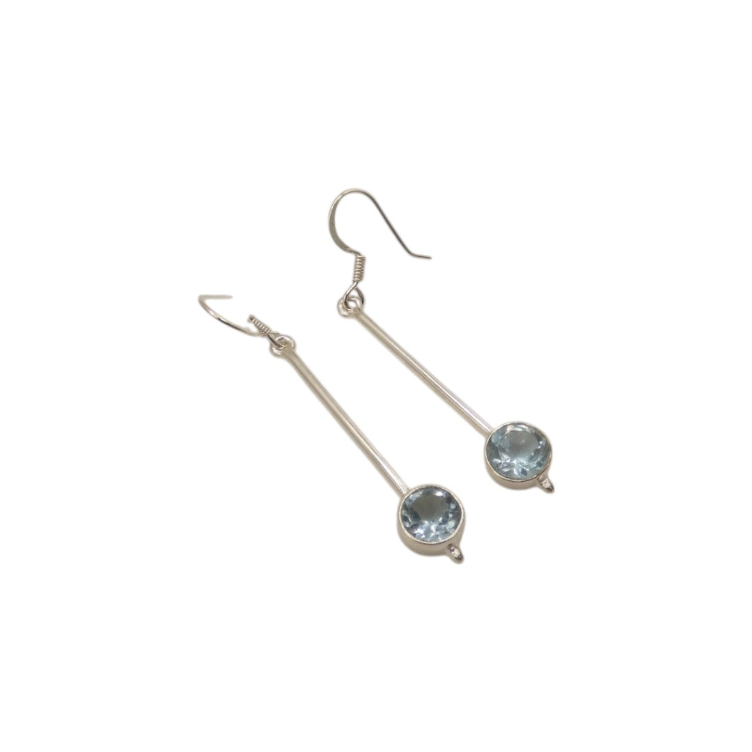 Sterling Silver Blue Topaz Straight Drop Earrings With Round Stone 2"