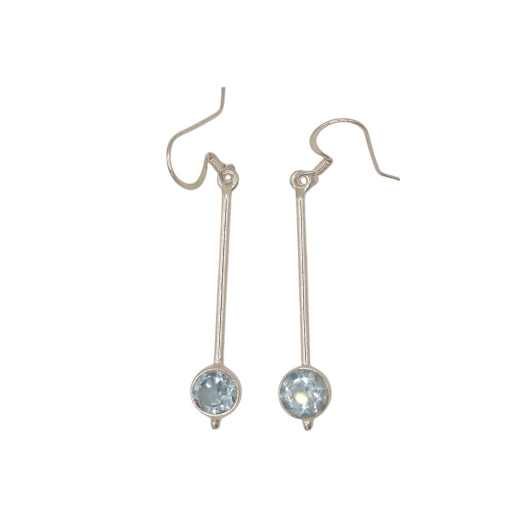 Sterling Silver Blue Topaz Straight Drop Earrings With Round Stone 2"