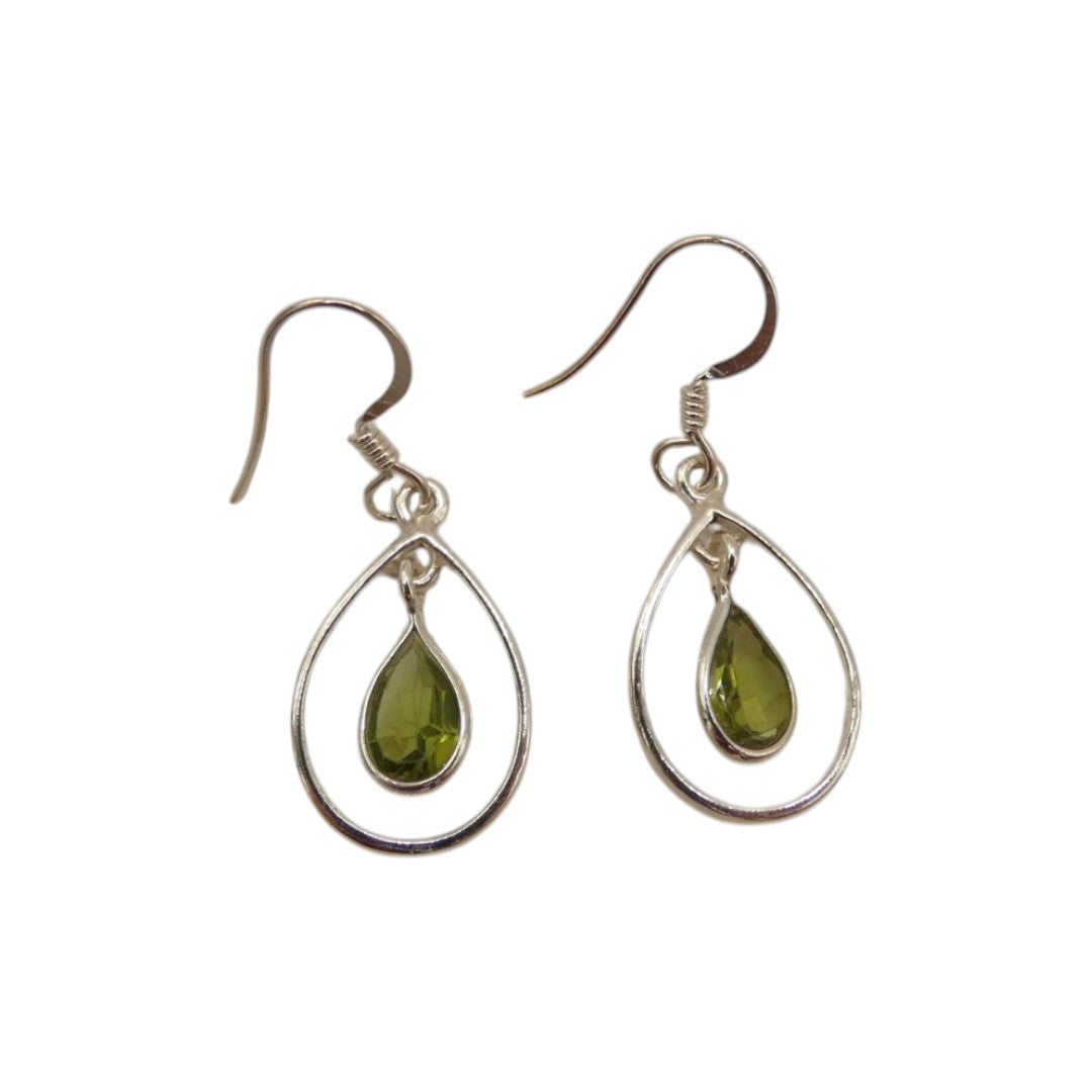 Sterling Silver Peridot Open Teardrop Shape Earrings 1.4"
