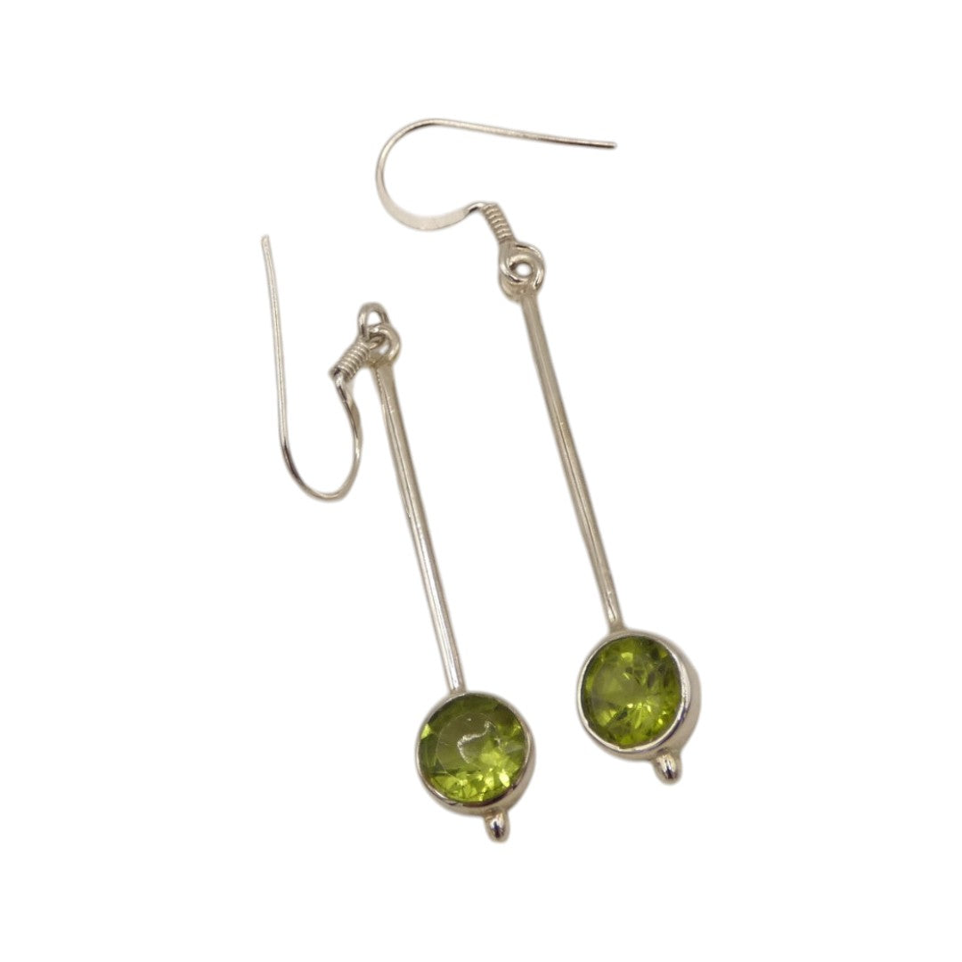 Sterling Silver Peridot Straight Drop Earrings With A Round Stone 2"