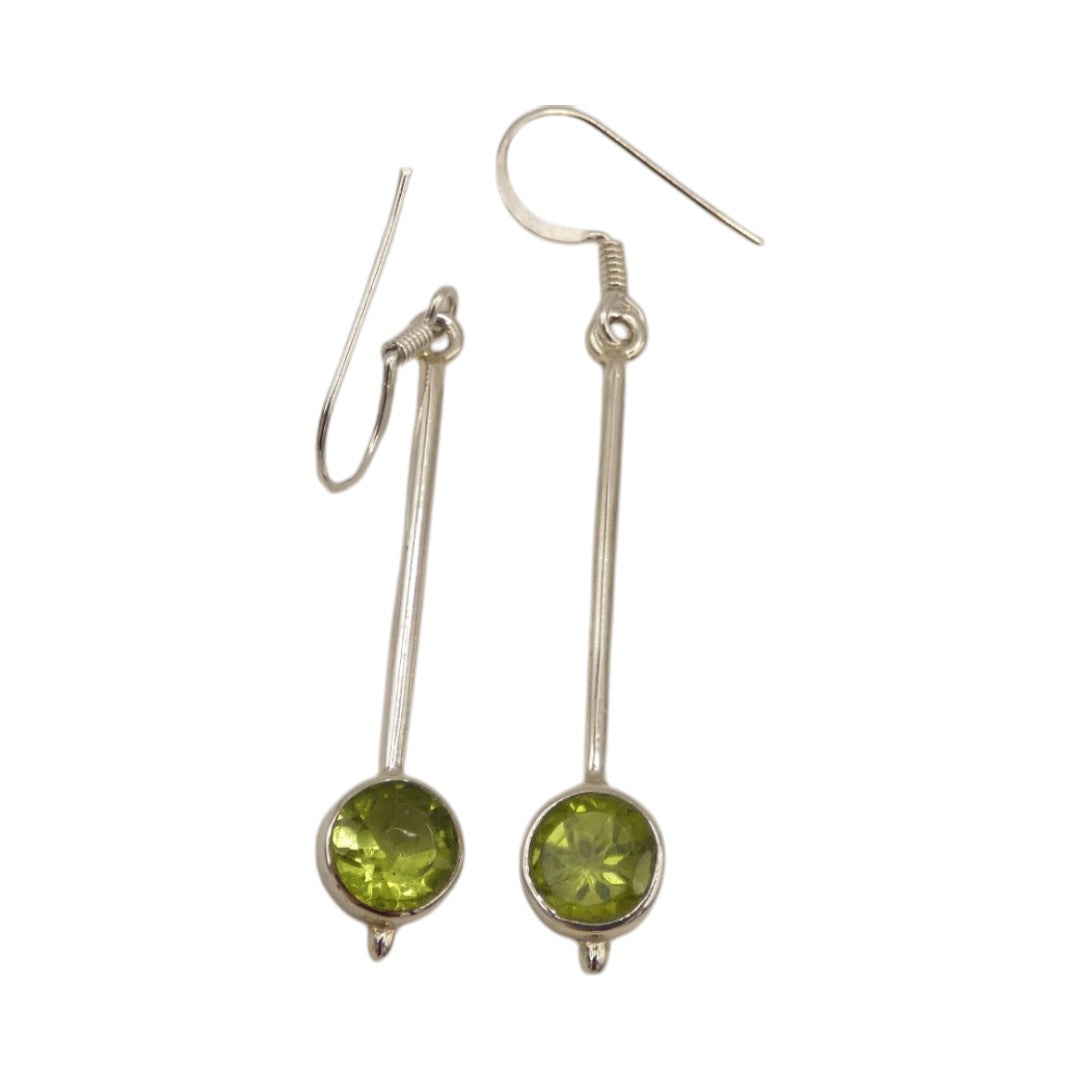 Sterling Silver Peridot Straight Drop Earrings With A Round Stone 2"