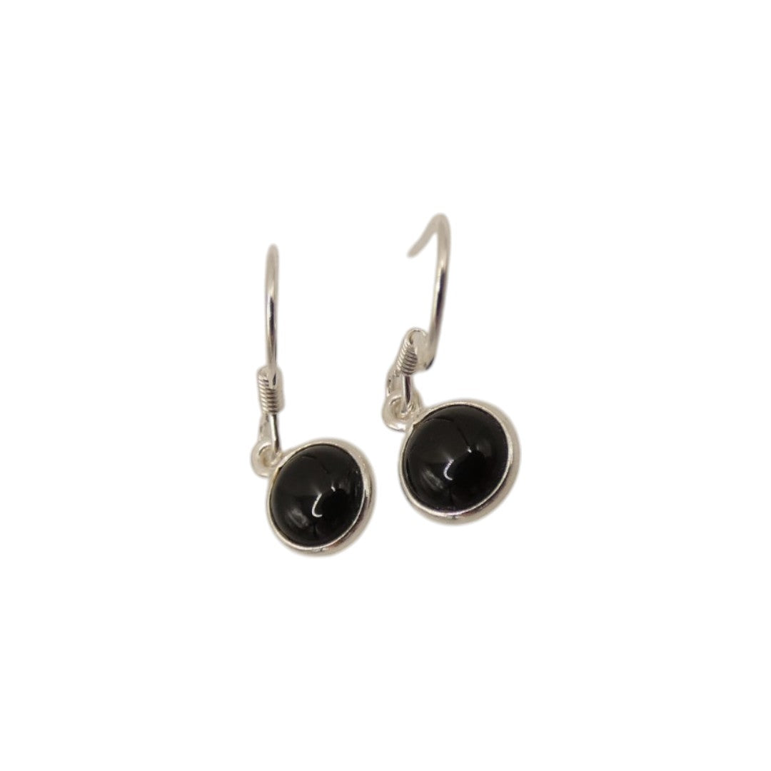 Sterling Silver Black Onyx Round Stone Drop Earrings 1.1"