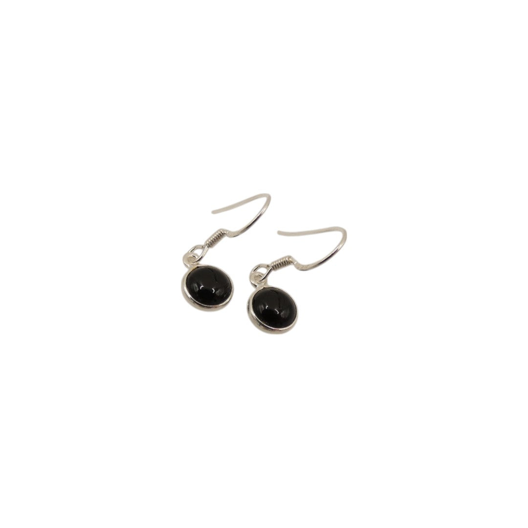 Sterling Silver Black Onyx Round Stone Drop Earrings 1.1"