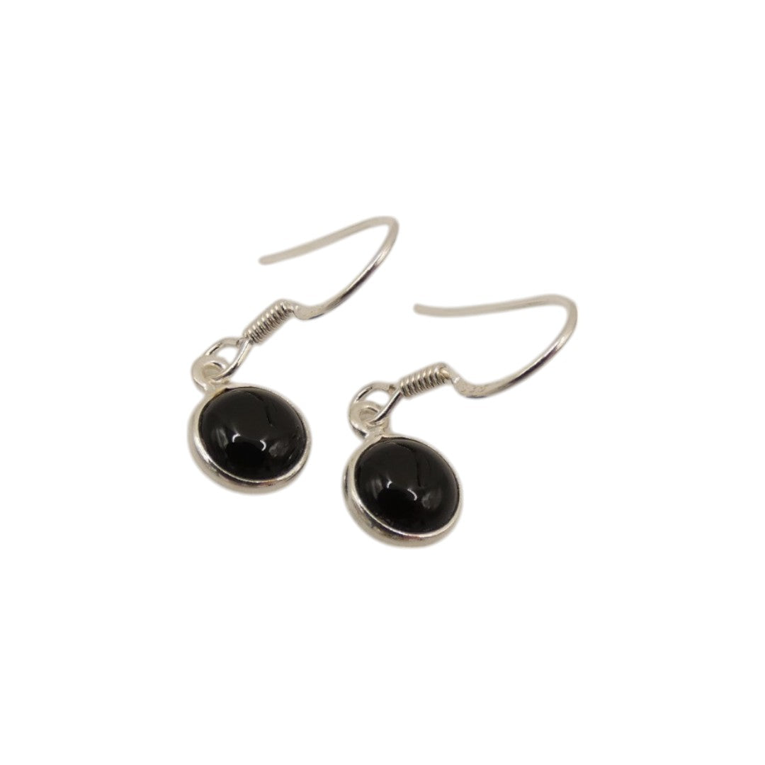 Sterling Silver Black Onyx Round Stone Drop Earrings 1.1"