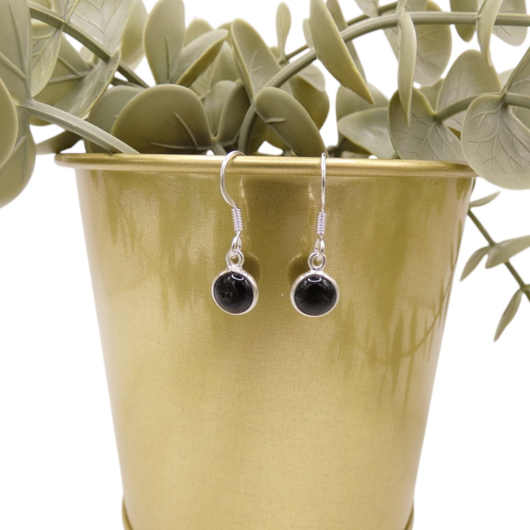 Sterling Silver Black Onyx Round Stone Drop Earrings 1.1"