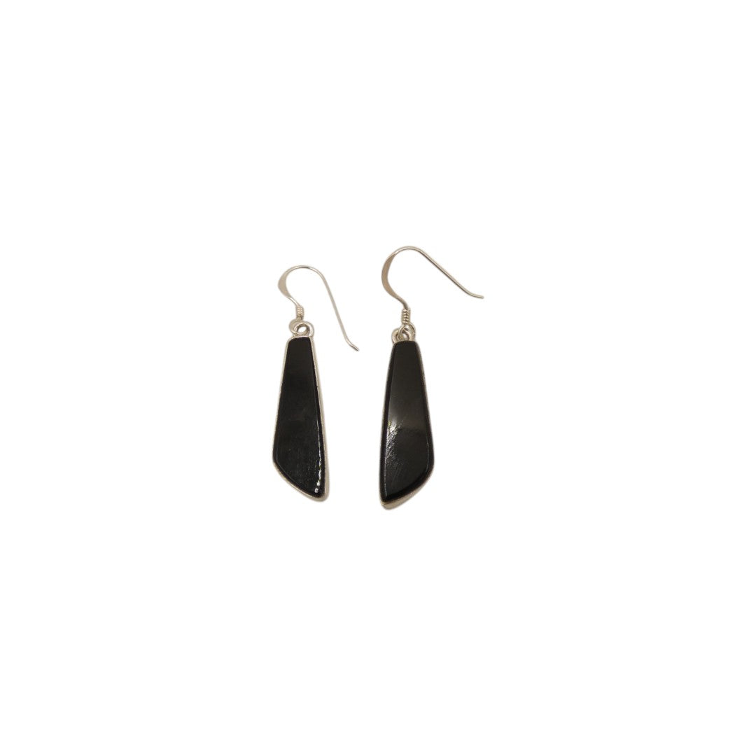 Sterling Silver Black Onyx Irregular Shape Stone Drop Earrings 1.7"