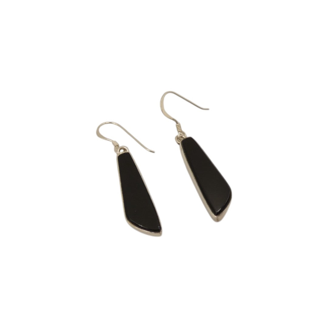 Sterling Silver Black Onyx Irregular Shape Stone Drop Earrings 1.7"